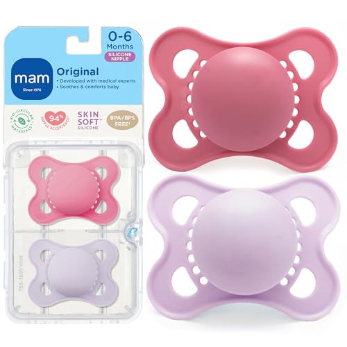 MAM Original Baby Pacifier 0-6 Mths, Skin Soft Silicone Nipple, 2 Pack