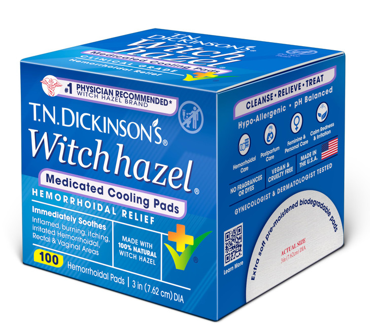 T.N. Dickinsons Medicated Cooling Pads with Witch Hazel and Aloe | Hemorrhoid Treatment, Postpartum Care, Feminine & Rectal Relief | 100 Rounds