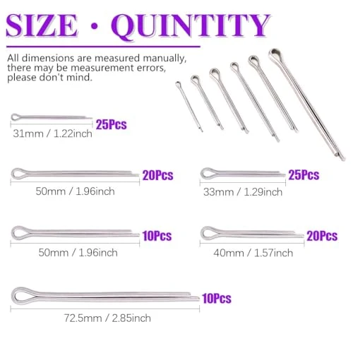 110Pcs 304 Stainless Steel Cotter Pin Clip Key Fastener Fitting Assortment Kit Perfect for Automotive Mechanics Small