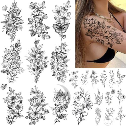 CHARLENT 23 Sheets Flower Temporary Tattoos For Women - Waterproof Realistic Rose Orchid Tattoos Tiny Branch Sketch