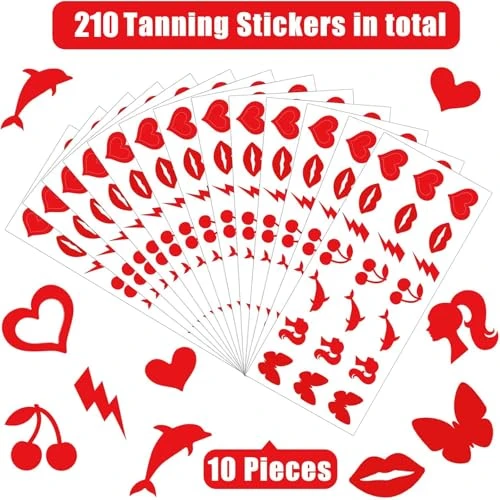 Chinco 210 Pieces Multi-Style Tanning Stickers Self Adhesive Tanning Sunbathing Body Stickers Mixed Pattern, Heart,
