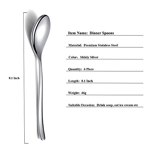 Dinner Spoons 6 Piece, 8.1'' Stainless Steel Tablespoons, Soup Spoons, Dessert Spoons, Spoons Silverware for Home,