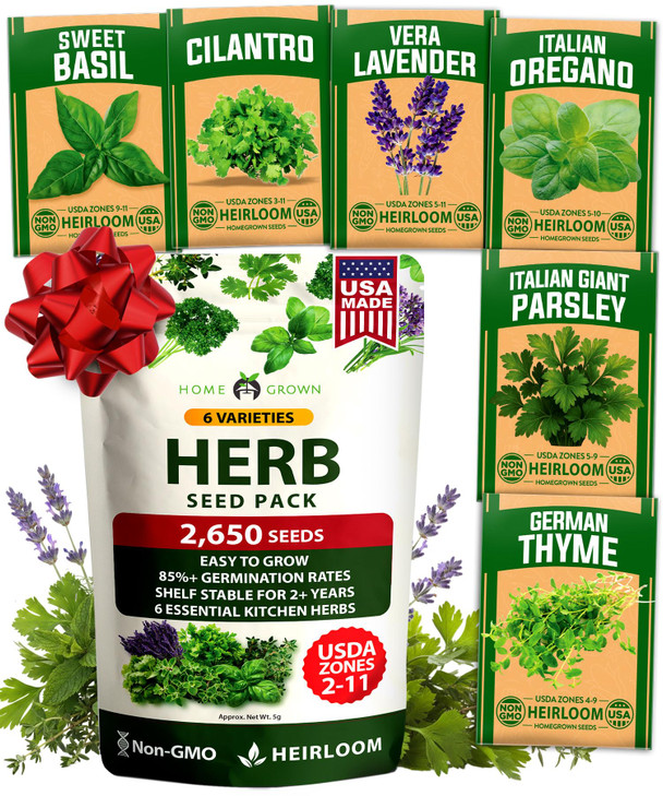 HOME GROWN 6 Herb Seeds for Planting 2,650+ Non-GMO Heirloom Seeds | Extra Large Variety Pack Herb Kit  Indoor