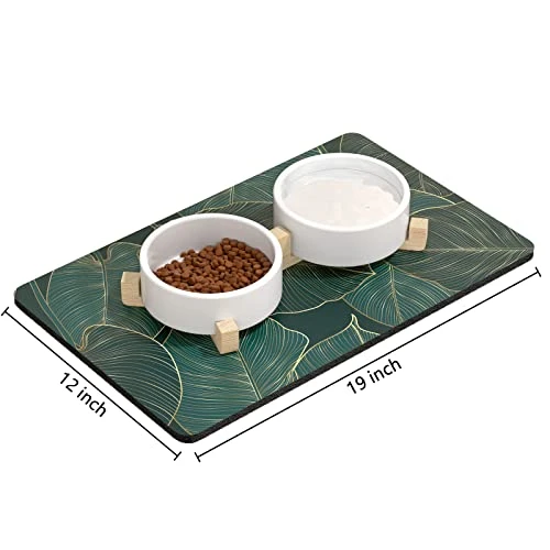 Rnivvi Dog Food Mat, 12" x 19" Flower Absorbent Dog Cat Bowl Mat for Food and Water, 3MM Anti-Slip Rubber Pet Feeding