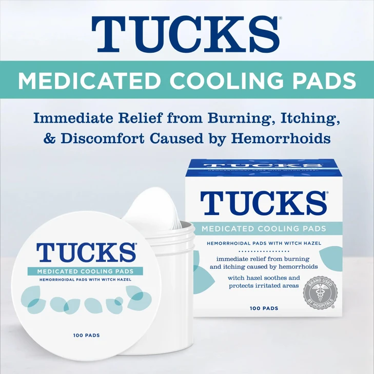 TUCKS Medicated Cooling Pads, 100 Count  Hemorrhoid Pads with Witch Hazel, Cleanses Sensitive Areas, Protects from