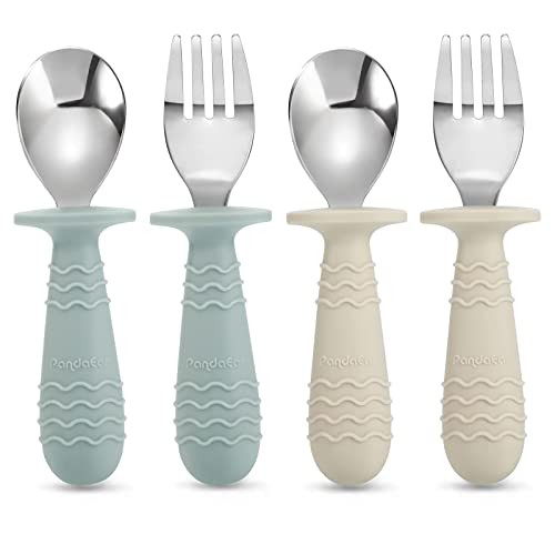 PandaEar 4 Set Baby Toddler Silicone Stainless Steel Utensils Silverware Spoon Fork for Baby Toddler BPA Free with
