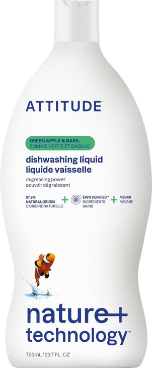 ATTITUDE Dish Soap, EWG Verified, Plant-Based & Vegan Dishwashing Liquid, Naturally Derived, Green Apple and Basil