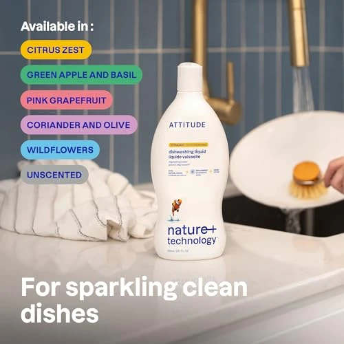 ATTITUDE Dish Soap, EWG Verified, Plant-Based & Vegan Dishwashing Liquid, Naturally Derived, Green Apple and Basil