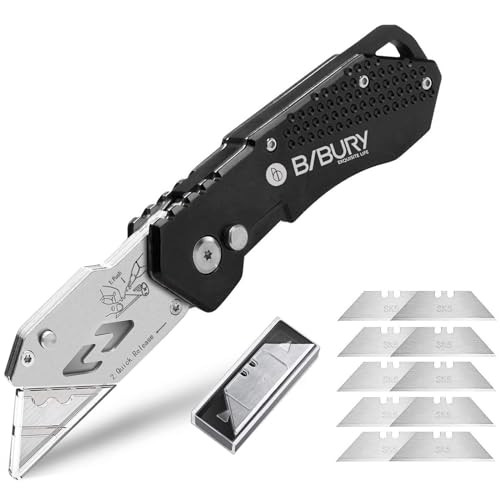 BIBURY Folding Utility Knife, Quick Change Box Cutter With 10pcs SK5 Blades