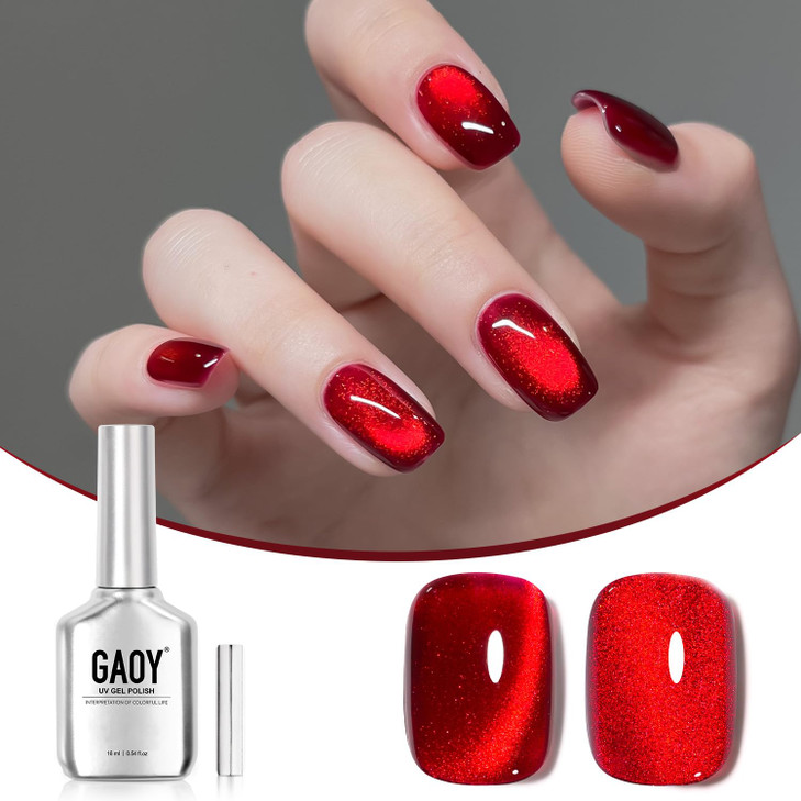 GAOY Red Cat Eye Gel Nail Polish, 16ml Glitter Holographic Nail Polish with Magnet, Reflective Translucent UV Gel,