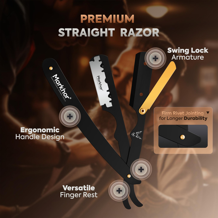 Markhor® Straight Razors for Men with 100 Single Edge Razor Blades | Matte Black with 24k Gold Platted Barber Straight