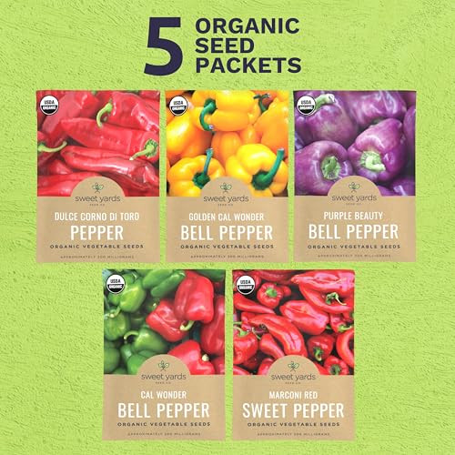 Organic Sweet Pepper Seeds Variety Pack - 5 Individual Packs - 2026 Season - Red, Yellow, Green and More! for Indoor &