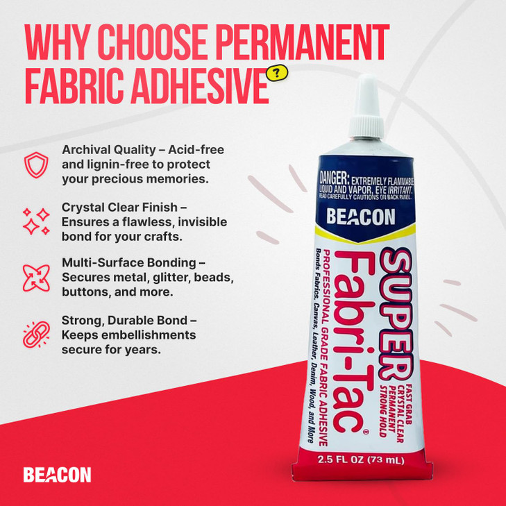BEACON Super Fabri-Tac - New Industrial Grade Fabric Adhesive - Fast Grab, Quick Drying, Permanent & Crystal Clear -