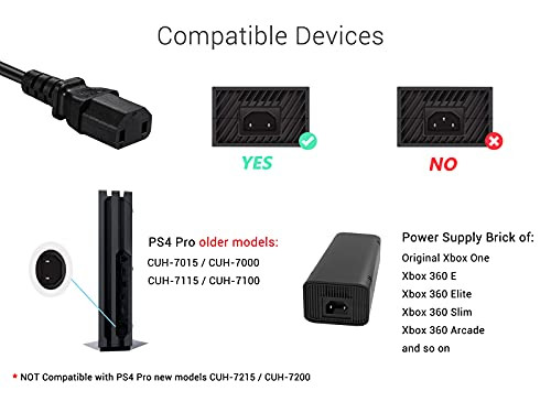 [UL Listed] 2 Prong AC Power Cord Compatible Sony PS4 Pro PlayStation 4 Pro, Xbox One, Xbox 360 Slim, 360 E Power