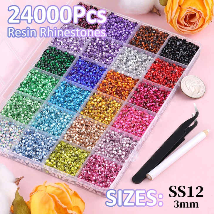 24000Pcs Resin Rhinestones for Bedazzling with Tweezers, Multicolor 3mm Rhinestones for Crafting with B7000 Jewelry