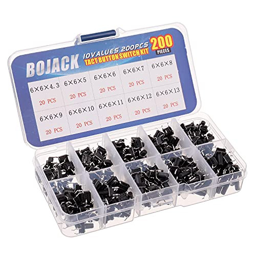 BOJACK 10 Values 200 Pcs 6x6 mm Tactile Pushbutton Switches 4 Pin Momentary Push Button Switches Assortment Kit