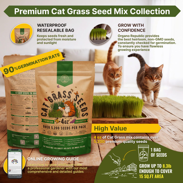 Cat Grass Seeds Mix - 5,200 Non-GMO Heirloom Seeds for Cats & Pets, 4 oz Pack for Growing Fresh Barley, Oat, Rye &