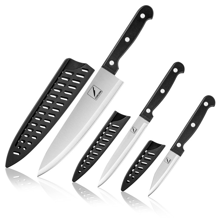 COKUMA Kitchen Knife, 3-Pcs Knife Set With Sheath, 8 Inch Chef Knife, 4.5 Inch Utility Knife, 4 Inch Paring Chef