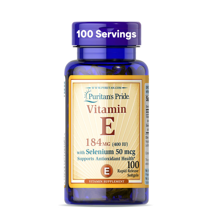 Puritan's Pride Vitamin E 184mg (400 IU) with Selenium 50mcg, Vitamin Supplement For Immune System and Antioxidant Health Support, 3 Month Supply, 10