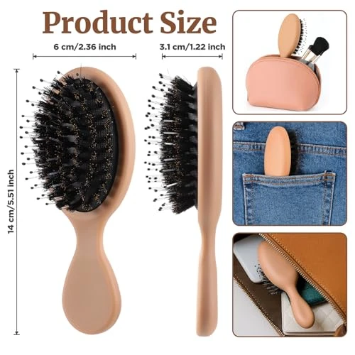 KFHENSOMR 2 Pack Travel Hair Brush Mini Boar Bristle Hairbrush Portable Compact HairBrush Pocket Travel Size Small