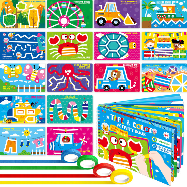 SpriteGru Tape Activity Book, 30 Dry Erase Scenes and 4 Colorful Tapes, Reusable & Erasable Pages and Easy-Tear Tapes,