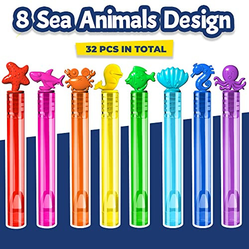 VKTEN 32Pcs Sea Mini Bubble Wands Assortment 8 Styles 8 Colors Bubble Party Favors for Kids, Bubbles for Kids, Themed