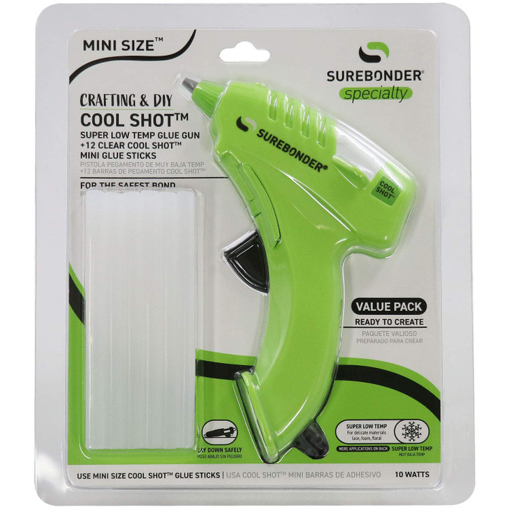 Surebonder 10W Ultra Low Temp Cool Shot Mini Glue Gun Kit with 12 Glue Sticks, Bonds Delicate Materials Like Paper,