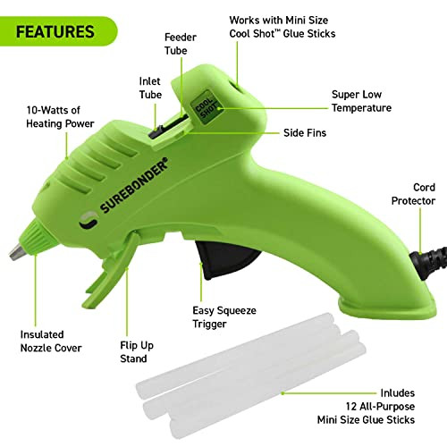 Surebonder 10W Ultra Low Temp Cool Shot Mini Glue Gun Kit with 12 Glue Sticks, Bonds Delicate Materials Like Paper,