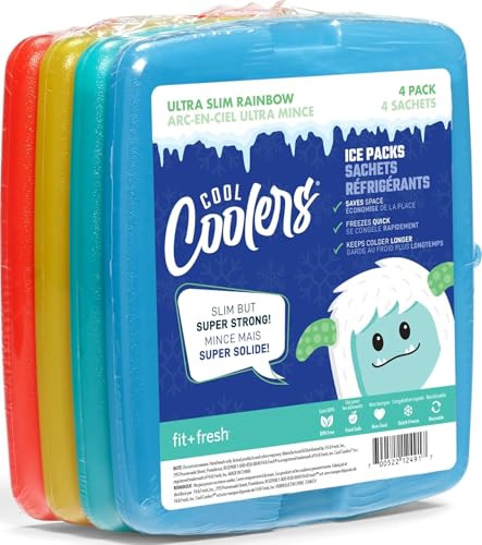 Cool Coolers By Fit & Fresh 4 Pack Slim Ice Packs, Quick Freeze Space Saving Reusable Ice Packs for Lunch Boxes or