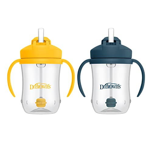 Dr. Brown's Milestones Baby's First Straw Cup, Training Cup with Weighted Straw, 9oz/270mL, Dark Blue/Vintage Yellow,