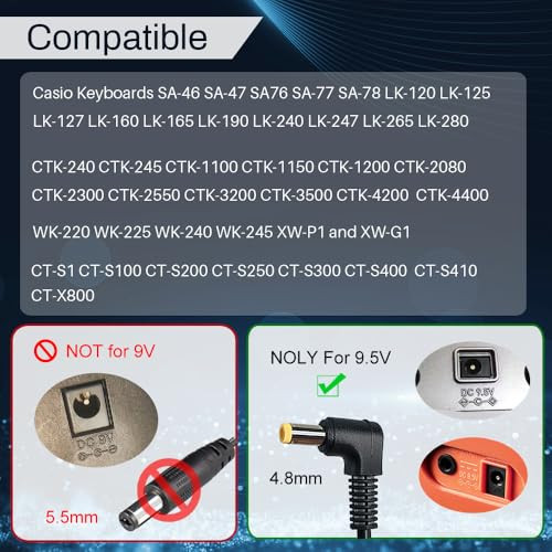 FouceClaus 9.5V AC/DC Adapter for Casio ADE95100LU - UL Listed Power Supply Charger for Casio Piano Keyboard - Only