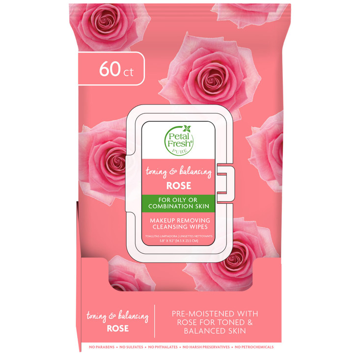 Petal Fresh Pure Brightening Rose Makeup Removing, Cleansing Towelettes, Gentle Face Wipes, Daily Cleansing, Vegan and Cruelty Free, 60 count