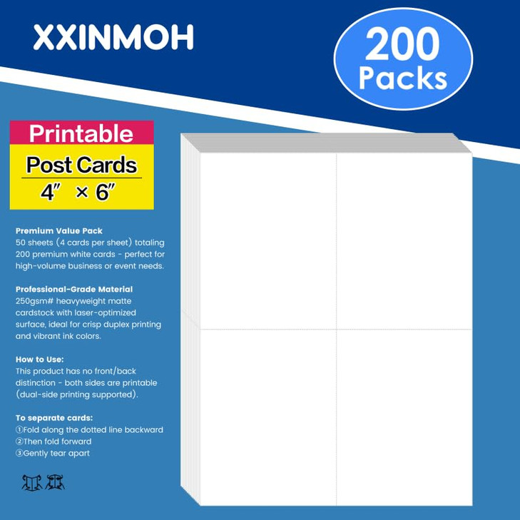 XXINMOH 200 Laser/Inkjet Printable Blank Postcards 4 Per Page, Each Card 4.25" x 5.5", White Blank Postcards for Laser