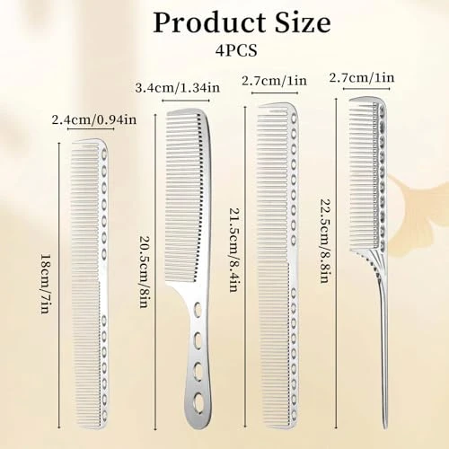 4 Types Metal Combs Professional Aluminum Dressing Comb for Hair Styling,Included Hair Cutting Comb,Metal Rat Tail