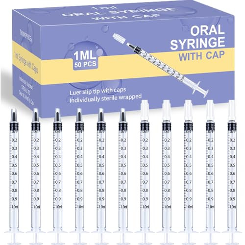 50 Pcs 1ml Syringes with Caps Oral Dispenser Individually Sterile Warpped for Medicine Dropper, Colostrum Collect