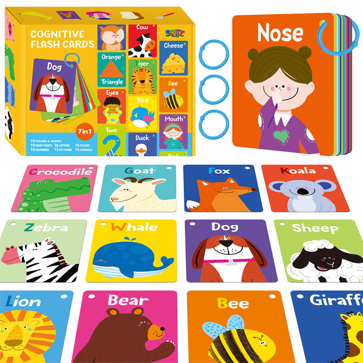 50 PCS Kid First Cognitive Flashcards,Double Sided Printed 7 in 1 Colorful Cards Alphabet,Numbers,