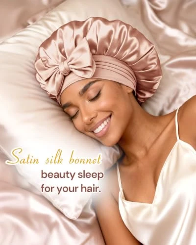 BONNET QUEEN Double Layer Silk Bonnet for Sleeping for Women Satin Lined Bonnet Night Cap for Curly Hair with Tie