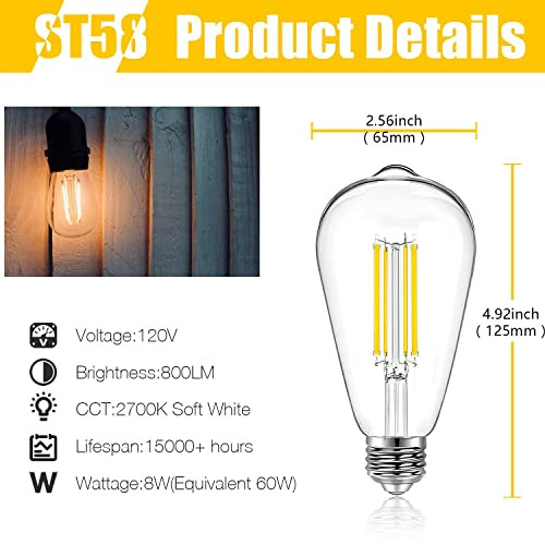 DAYBETTER 4 Pack Vintage LED Edison Bulbs, E26 Led Bulb 60W Equivalent, Dimmable Led Light Bulbs, High Brightness 800