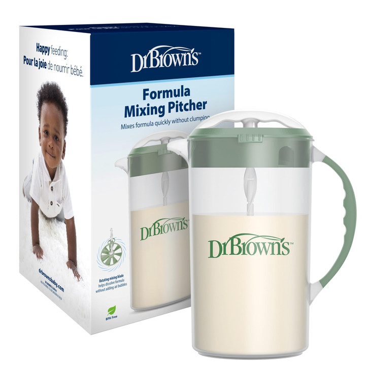 Dr. Brown's Baby Formula Mixing Pitcher with Adjustable Stopper, Locking Lid, & No Drip Spout, 36oz, BPA Free, Olive