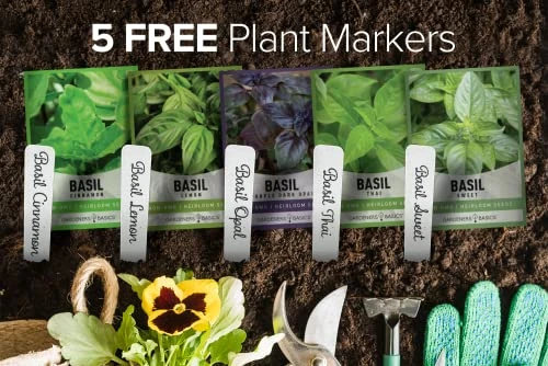 Gardeners Basics, Basil Seeds for Planting Home Garden Herbs - 5 Variety Herb Pack Thai, Lemon, Cinnamon, Sweet and