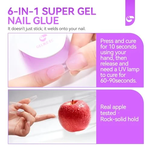 Gelike EC 6 in 1 Nail Glue Gel: 2 Pcs Gel Nail Glue for Press on Nails