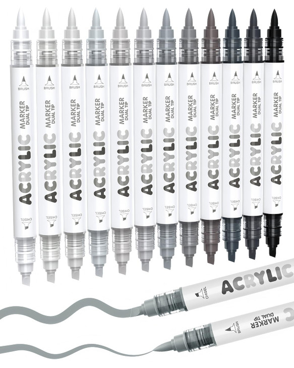Guangna 12 Grey Dual Tip Acrylic Paint Markers, Brush Tip & Chisel Tip Acrylic Paint Pens for Rock, Wood, Glass,