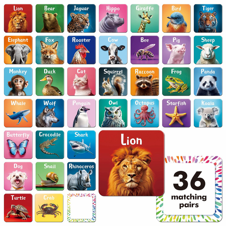 Hebayy 72 PCS Memory Matching Game, Real Animal Matching Cards for Toddlers 36 Pairs Memory Cards for Preschool 4 5 6