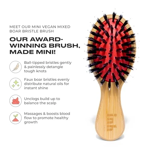 INH Mini Boar Bristle Hair Brush | Smoothing Detangler Brush with Soft Vegan Mixed Bristles for Wet & Dry Hair |