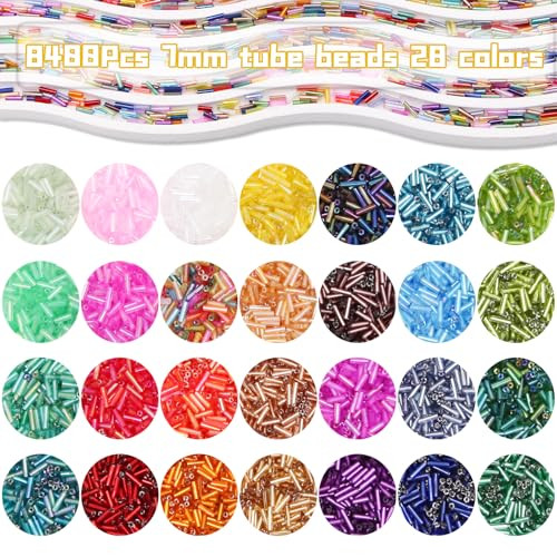 JOJOPLAY Tube Seed Beads 7mm Crafts Glass Bugle Beads with for Jewelry Making Embroidery Decoration (28 Colors, 8400pcs)