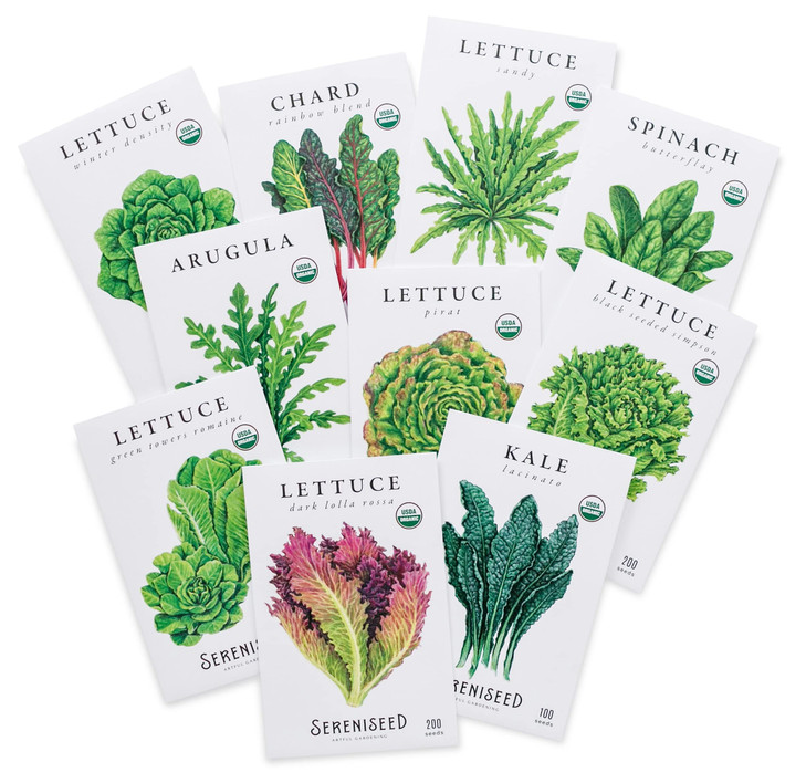 Sereniseed Certified Organic Leafy Greens Lettuce Seeds Collection (10-Pack)  100% Non GMO, Open Pollinated  Grow