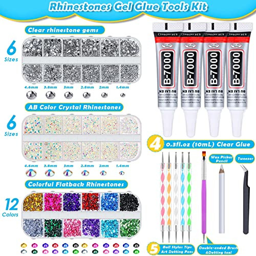 shynek B7000 Jewelry Glue with Rhinestones for Crafts, 6300Pcs Rhinestones with Gems Adhesive for Shoes Cloth Fabric
