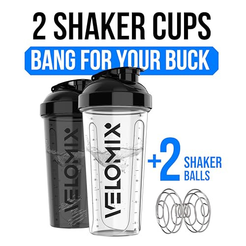 VELOMIX 2 Pack 28oz Protein Shaker Bottle for Protein Mixes, Black/Transpar