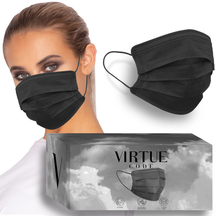 VIRTUE CODE On The Go Curved Face Masks - Soft 3 Ply Comfort Face Masks, Colorful Disposable Face Mask 50 Pack. Black