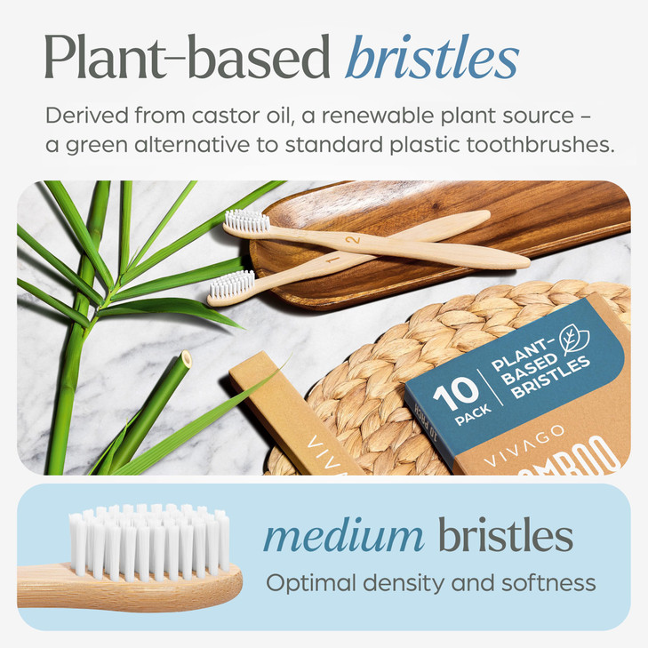 VIVAGO Bamboo Toothbrushes 10 Pack  Plant-Based Medium Bristles